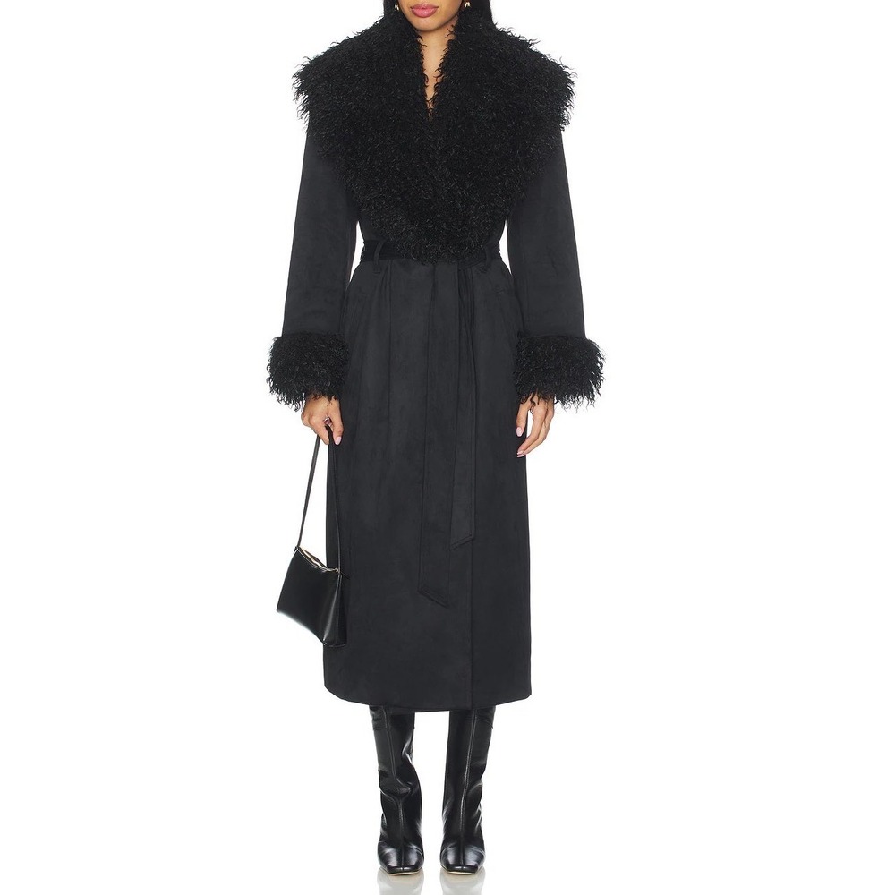 Lovers and Friends Black Faux Suede Fur Trim Wrap Trench Coat Jacket mob wife a5